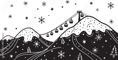 Winter wonderland with snowy mountains cable car and snowflakes illustration