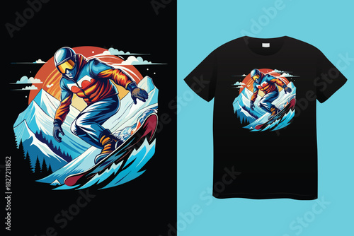 Snowboarder in Action T Shirt Design with Frosted Horizons and Mountain Landscape Vector Illustration Isolated on White Background Adventure and Conquer the Peaks 