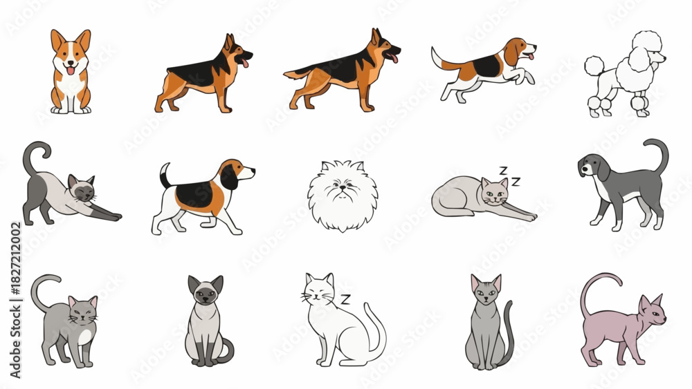 Fototapeta premium Vector illustration of a cute animal icon set, featuring cartoon silhouettes of farm and wild mammals like cats, dogs, cows, and foxes