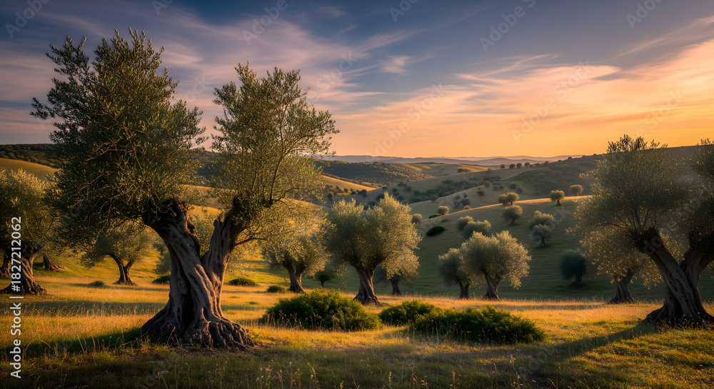 Fototapeta premium Ancient Olive Grove at Sunset in Rolling Hills