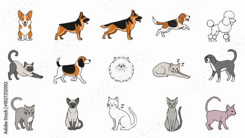 Vector illustration of a cute animal icon set, featuring cartoon silhouettes of farm and wild mammals like cats, dogs, cows, and foxes