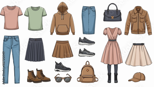 Vector illustration of a casual clothing set including men's jacket, t-shirt, and pants, and women's dress and skirt silhouettes, useful for fashion design and textile collections