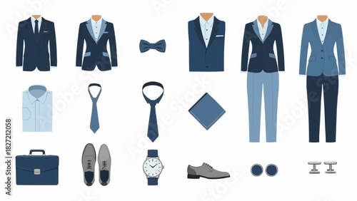 Business icon vector illustration of a set of men's clothes and accessories including a suit, jacket, shirt, tie, and silhouette for office fashion and success