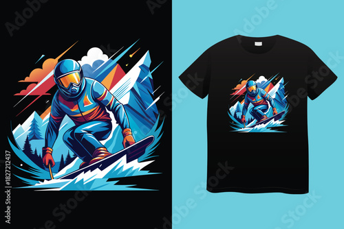 Snowboarder in Action T Shirt Design with Frosted Horizons and Mountain Landscape Vector Illustration Isolated on White Background Adventure and Conquer the Peaks 