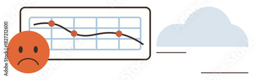 Red sad face next to a declining line graph with a light blue cloud. Ideal for business loss, emotional struggles, economic downturn, mental health, performance analysis, failure trends, simple flat