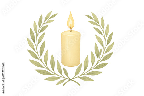 Burning candle with olive wreath watercolor illustration