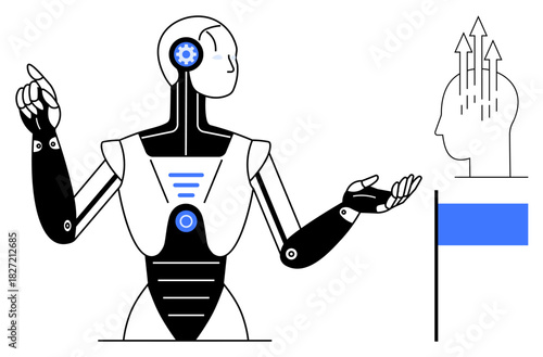 Artificial intelligence concept. Artificial intelligence with a robot and symbolic arrows on a human head for innovation, technology, and growth. Artificial intelligence for automation, robotics