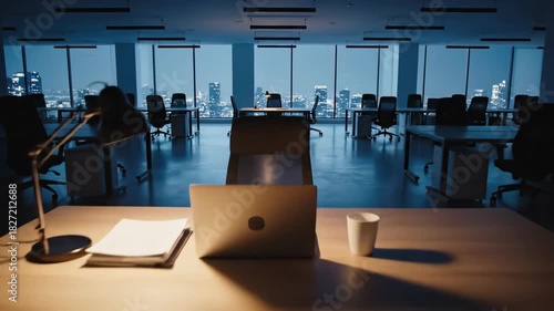 Empty Modern Office Space with City Skyline View at Night