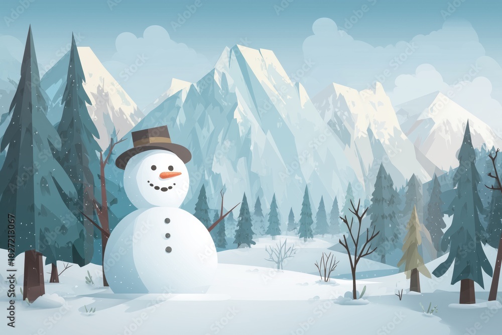 Obraz premium snowman in a winter landscape with trees and mountains in the background, in a cartoon style Generative AI