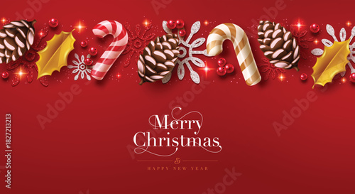 Modern Merry Christmas background with candy canes, pinecones, holly leaves, and red berries. Elegant festive composition on red backdrop, perfect for holiday cards, posters, and winter promotions.