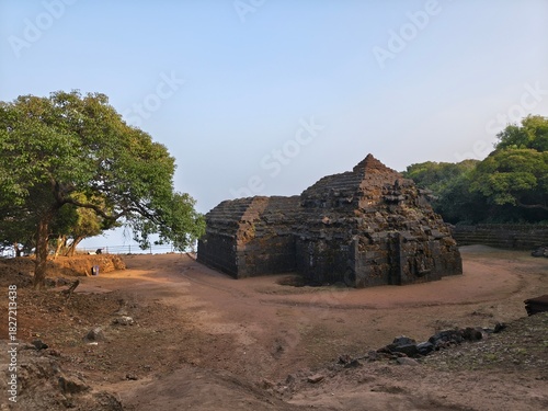 Ancient Krishnai Temple in Mahabaleshwar stands amid serene greenery, showcasing stone architecture preserved by the Archaeological Survey of India, reflecting mythology and the Krishna River.