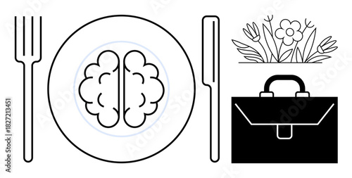 Brain on a dinner plate with fork and knife, alongside flowers and a briefcase. Ideal for mental health, work-life balance, education, productivity, mindfulness, creativity, simple flat metaphor