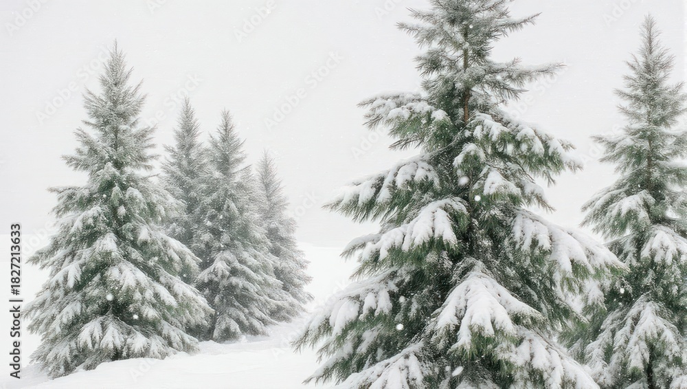 Obraz premium Snowy evergreen trees in a field, snowflakes falling against a cloudy white sky