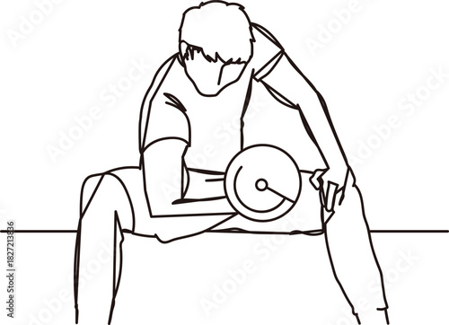 ダンベルで筋トレをする男性の線画イラスト素材