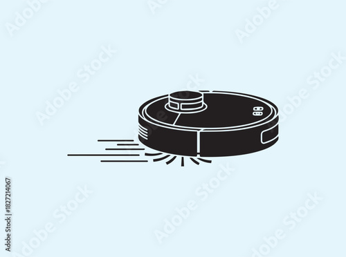 Solid Black Line Art of Smart Vacuum Gliding Across Floor
