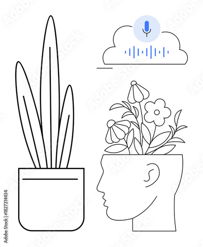 Outlined human head with blooming flowers, potted plant, and a cloud with voice input waveform. Ideal for growth, mindfulness, innovation, technology, creativity nature balance. A simple flat