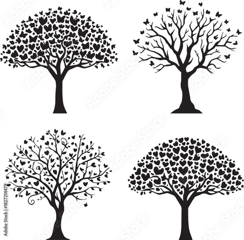 Set of four seasons vector tree silhouettes with spring leaves, summer, autumn fall, and winter branch illustration icons