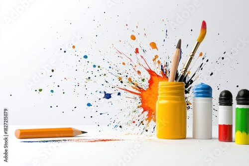 Colorful Artistic Supplies on a White Background with Paint Splashes