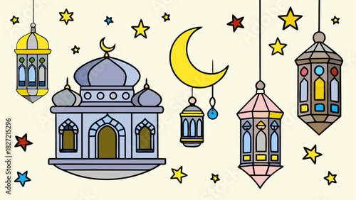 Illustration of mosque lanterns and stars design