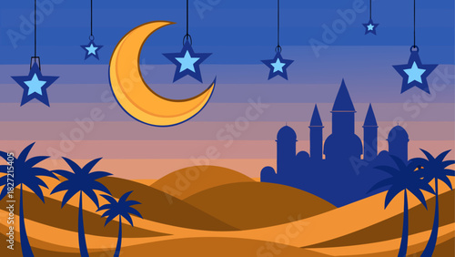Crescent moon and stars over desert landscape