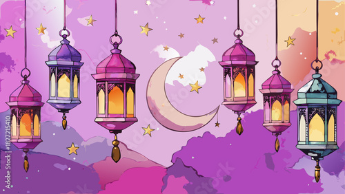 Watercolor lanterns and moon with star decoration