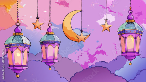 Lanterns and stars hanging in a cloudy sky art