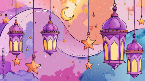Hanging lanterns and stars with crescent moon art