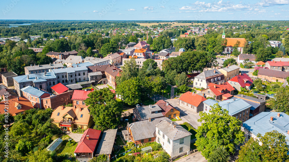 Obraz premium Aerial photo from drone to Limbazi town (Limbaži) on a sunny summer day. Limbazi, Latvia (Series)