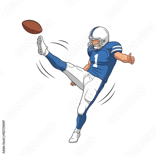 A skilled American football player executing a powerful kick, a dynamic action sports illustration isolated on a white background