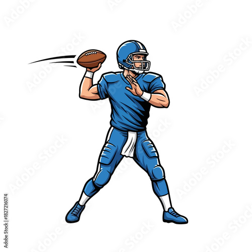 American Football Player in Blue Uniform Throwing a Football, Dynamic Action Pose