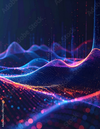 Abstract digital landscape with glowing particles and sound waves, representing data visualization and technology.