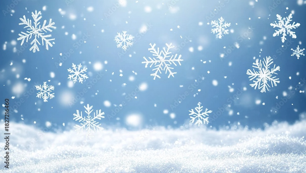 Naklejka premium Snowflakes falling on a transparent background, vector illustration. Christmas snowfall, winter decoration for greeting card and poster design. Snow flake background