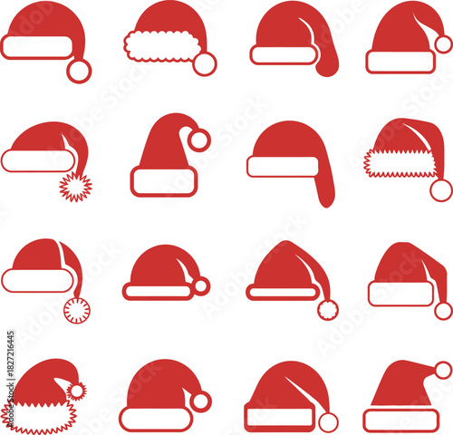 Collection of flat icon santa hats with pompom and fluffy trim