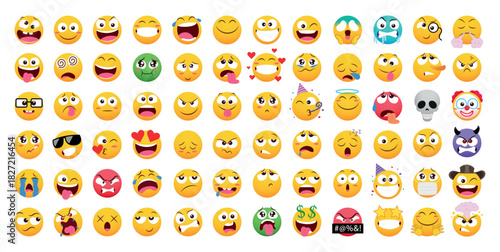 Big collection of cute emoji faces showing different emotions such as happy, sad, angry, funny, surprised, and love. Colorful cartoon emoticons for chat, stickers, and social media reactions.