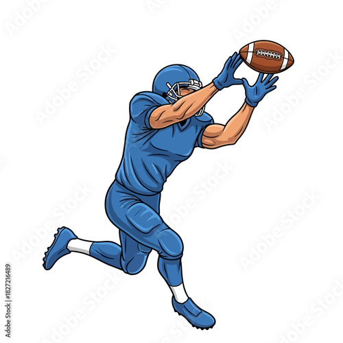 Vibrant vector art depicting a determined football athlete in motion, expertly catching the pigskin during a thrilling moment of gridiron competition