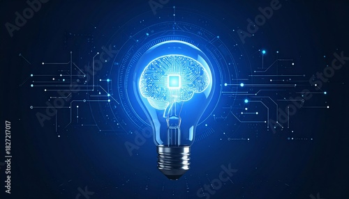 AI Brain Inside Light Bulb Digital Innovation Technology Concept with Blue Background.