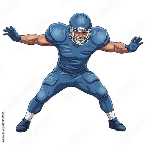 Powerful American football player in a blue uniform shown in a dynamic defensive stance, isolated on a white background