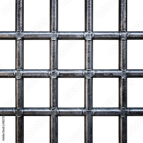 Close up of a weathered metal prison cell bars grid pattern isolated on a black background with no visible defects creating a sense of confinement and restriction