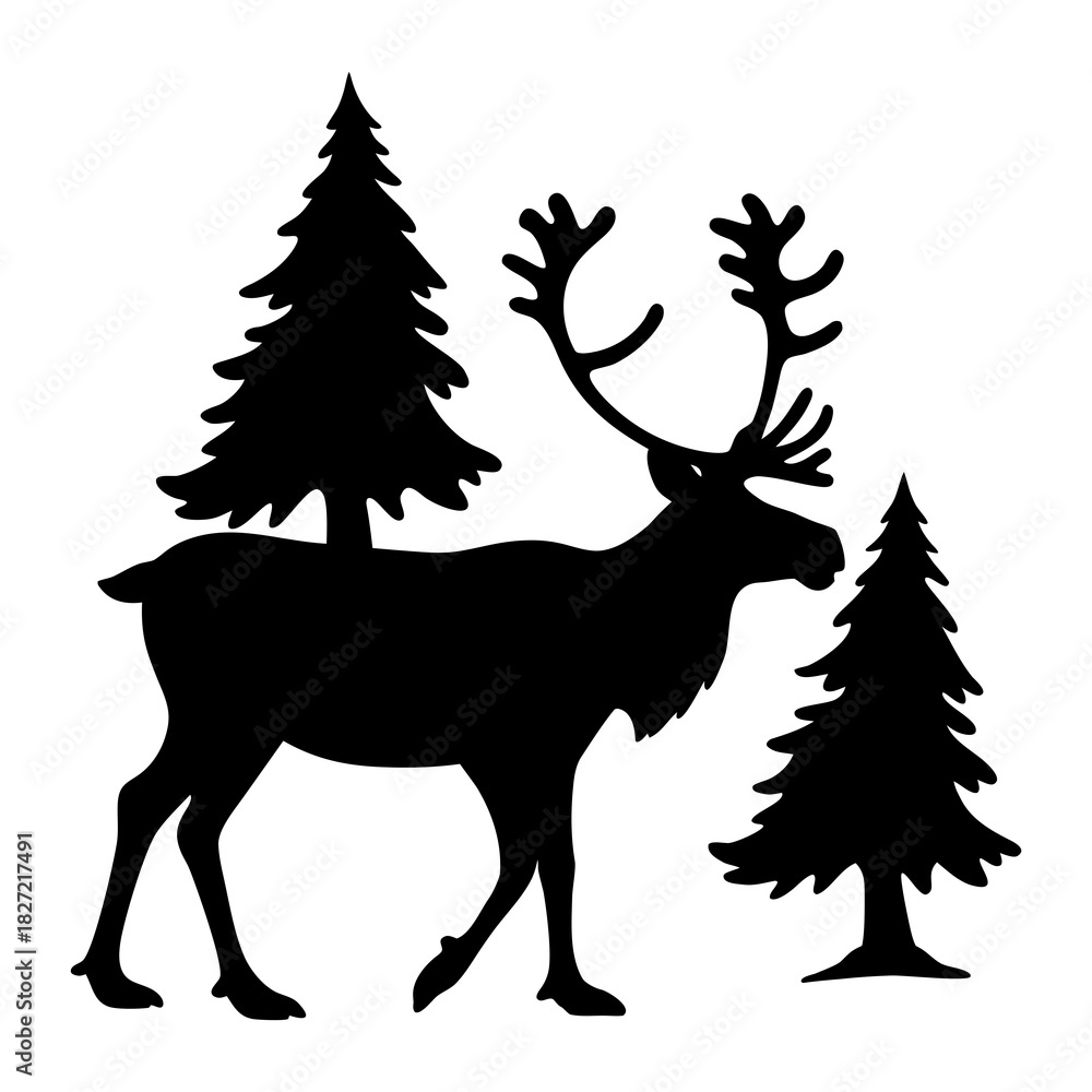 Fototapeta premium Silhouette of reindeer with christmas trees vector graphic for holiday season design and winter wonderland themes