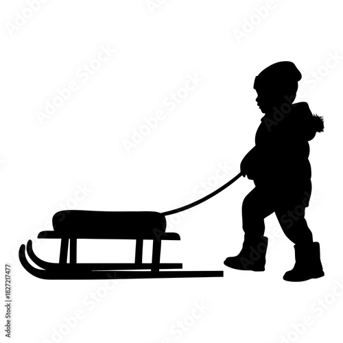Silhouette of child pulling sled winter fun snow activities holiday season vector illustration design graphic 100
