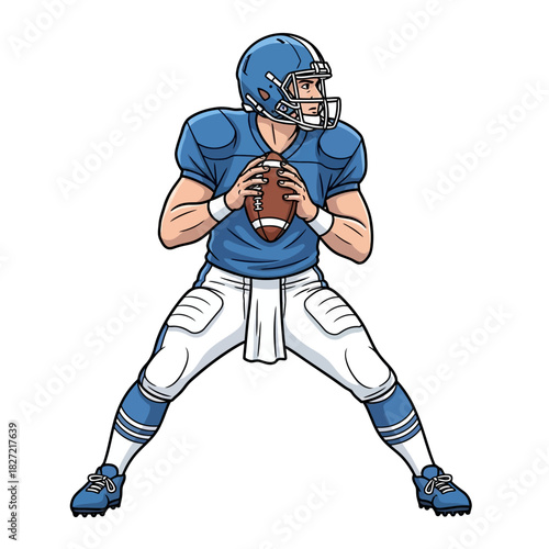 American football player in uniform, ready to throw a pass on a white background, illustration