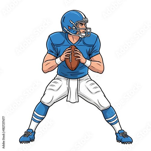 Illustration of a skilled American football quarterback in a blue uniform, gripping the ball and preparing to throw a forward pass