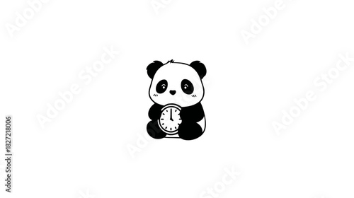 Cute Cartoon Panda Holding a Clock - Adorable Black and White Animal Illustration with Timepiece Graphic