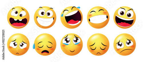 Colorful 3D emoticons displaying a range of facial expressions – happy, sad, laughing, crying. Perfect for mood, chat, and communication concepts.