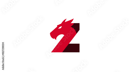 Dynamic red number two combined with a stylized dragon head illustration. Strong graphic design element on a crisp white backdrop.