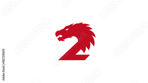 Dynamic red dragon head combined with number two design, fierce mythical creature illustration, strength, power, and speed concept on white background.
