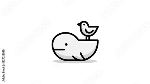 Cute minimalist cartoon whale and small bird illustration. Adorable animal friendship, simple line art icon on white background.