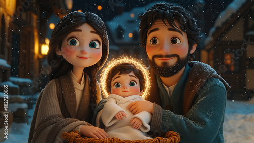 A cute modern 3D animated illustration of the Holy Family. Mary and Joseph with the baby Jesus in a snowy winter village. The Christmas Nativity scene
