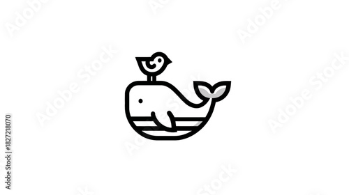 Minimalist Line Art Whale and Bird Illustration. Cute cartoon style icon of sea animal with avian friend on its back, simple black and white design.