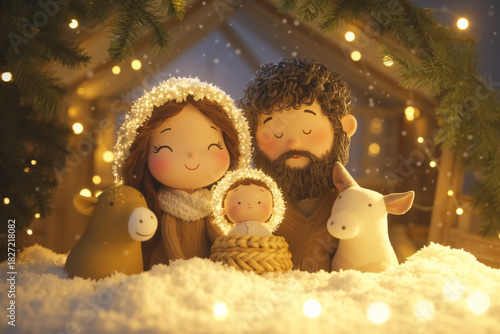 A cute illustration of the Holy Family in a nativity scene. Mary, Joseph, and baby Jesus and animals dolls in a snowy stable with glowing lights. Christian Christmas holiday concept